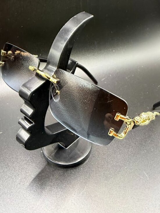 Luxury Rimless Black Shield Sunglasses Gold Panther Detail Y2K main image 5